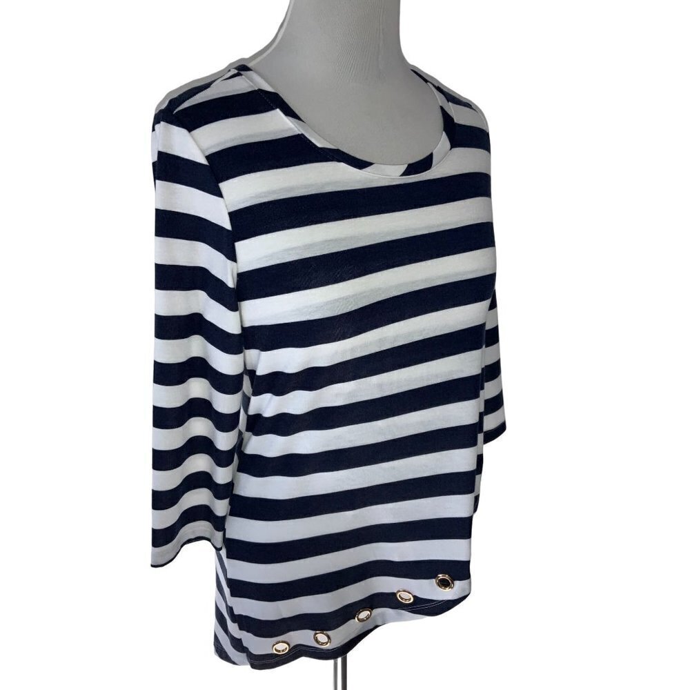 NEW DIRECTIONS LADIES SS NAUTICAL TOP TUNIC BLOUSE SHIRT STRIPE  NAVY WHITE S